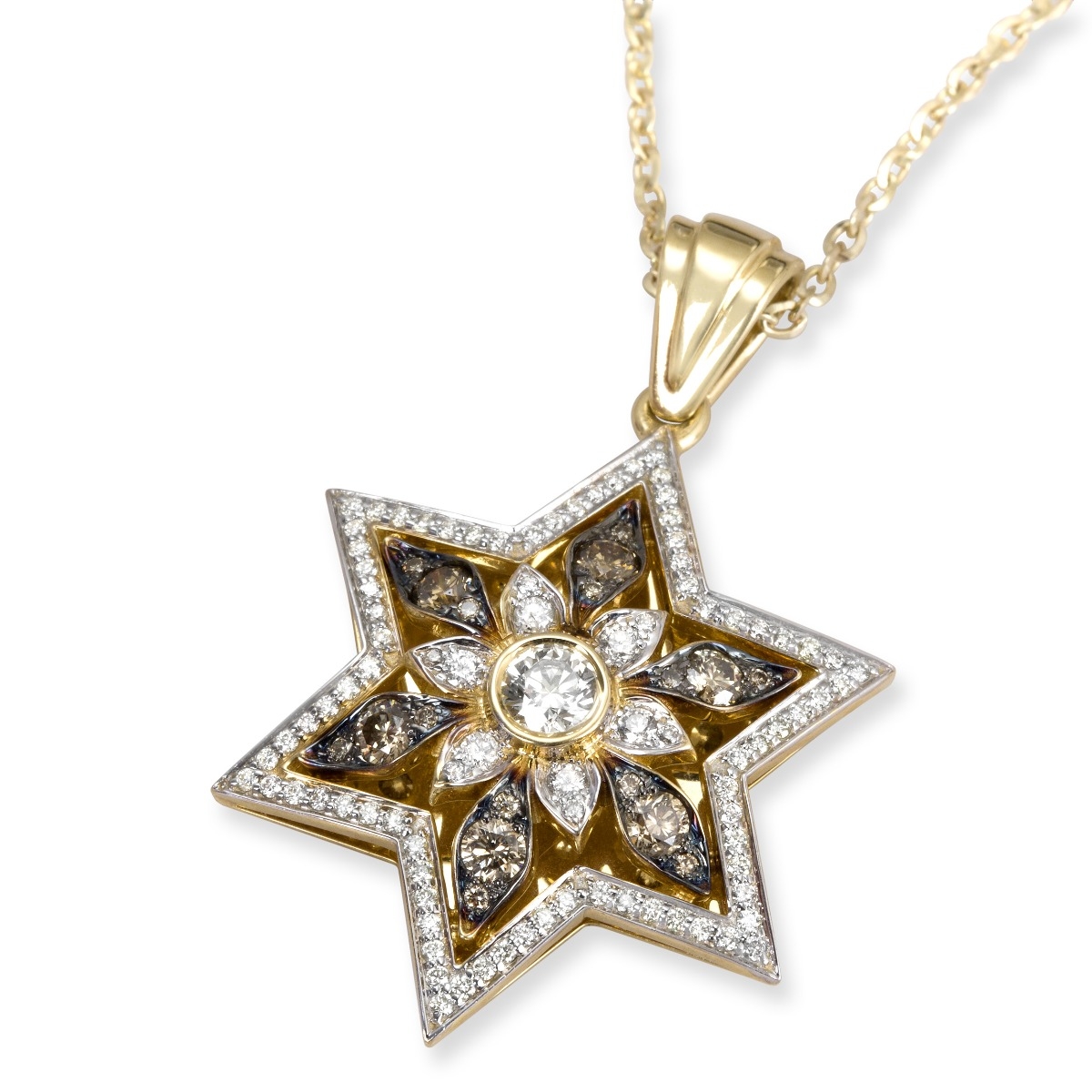 14K Gold Floral Star of David Pendant With 109 White & Champagne Diamonds - 1