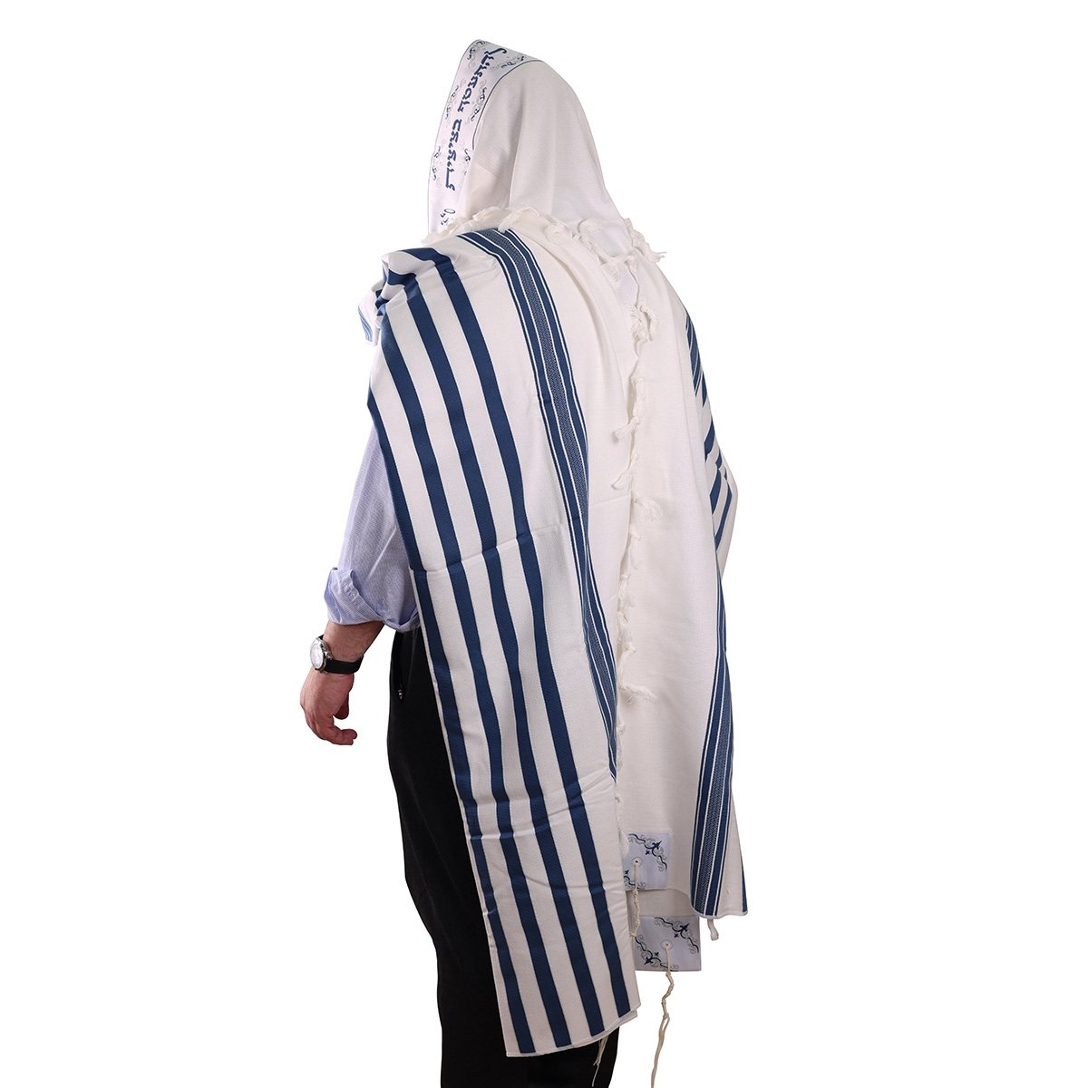100% Cotton Tallit Prayer Shawl with Navy Blue Stripes - 1