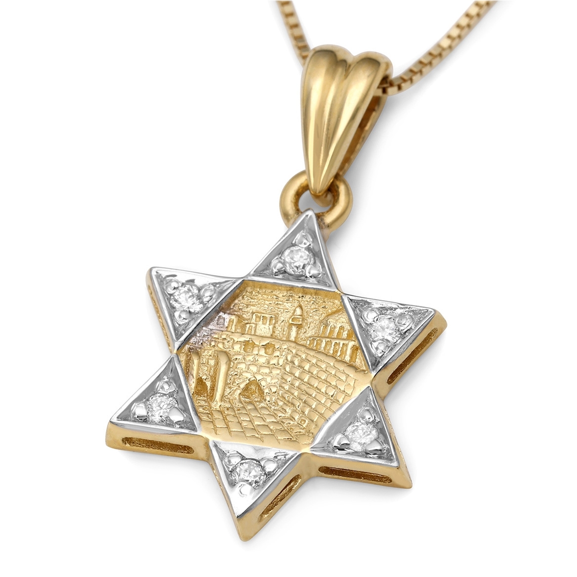 Deluxe 14K Gold and Diamonds Star of David with Old Jerusalem Motif Pendant Necklace  - 1