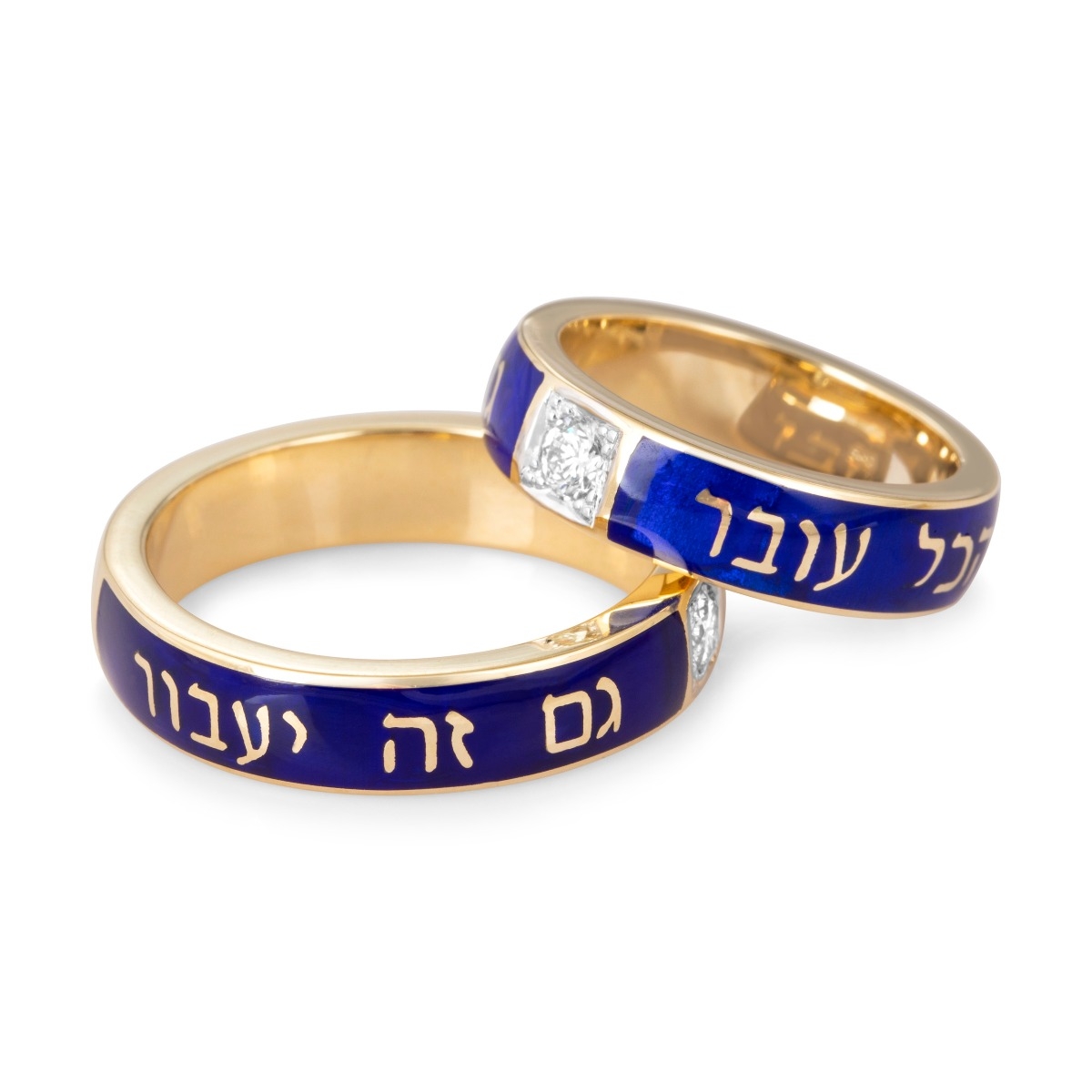 Deluxe Diamond-Accented 14K Yellow Gold and Blue Enamel "This Too Shall Pass" Ring (Hebrew) – For Women and Men - 1