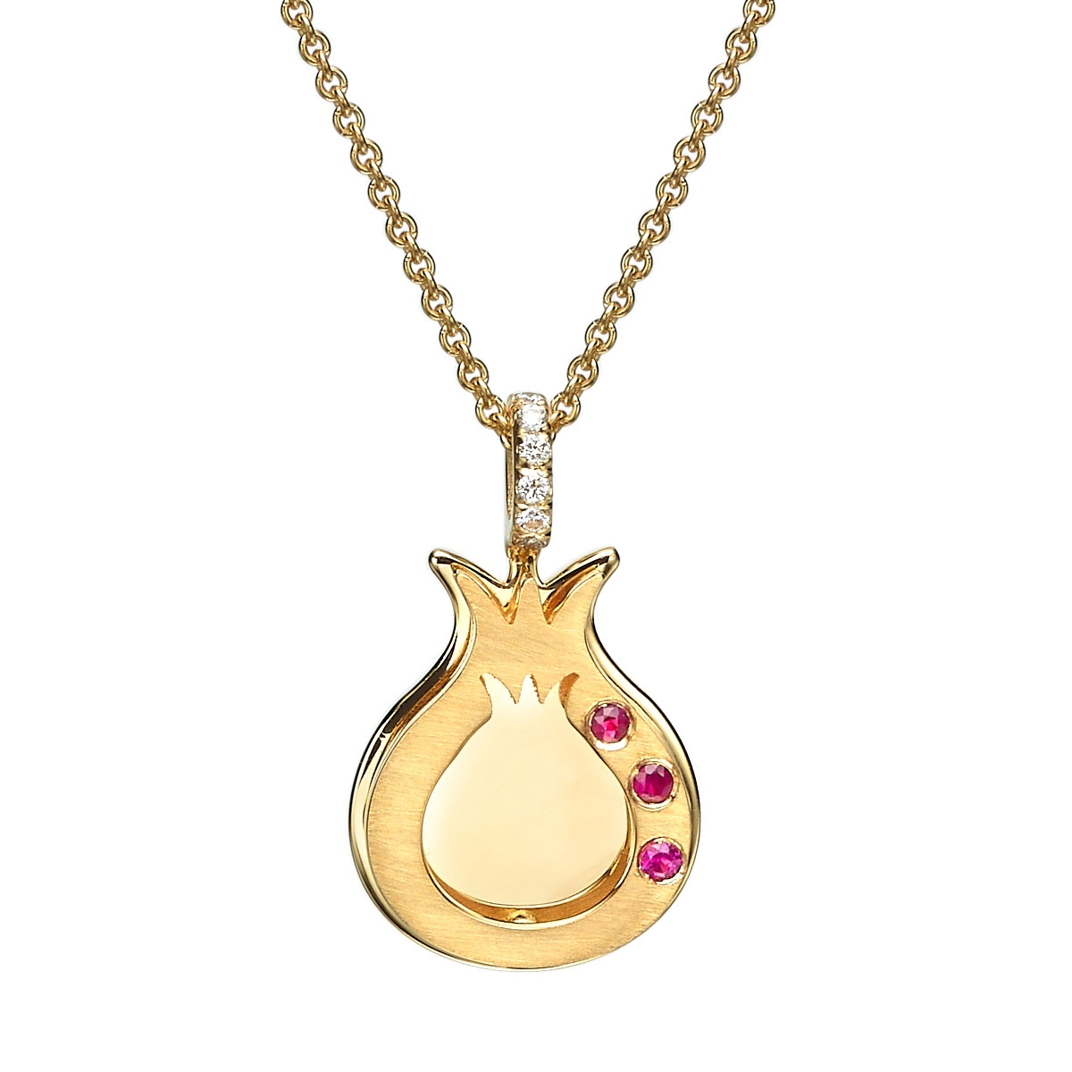 Deluxe 18K Gold Pomegranate Pendant Necklace With Burmese Ruby Stones & White Diamonds (Choice of Color) - 1