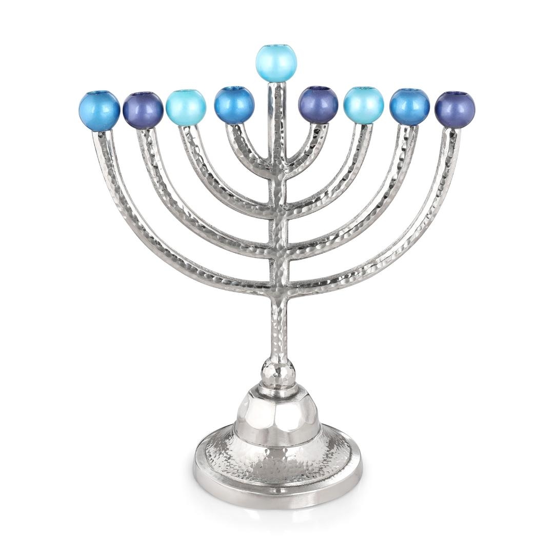 Y. Karshi Designer Anodized Aluminum Hammered Hanukkah Menorah with Blue Candleholders - 1
