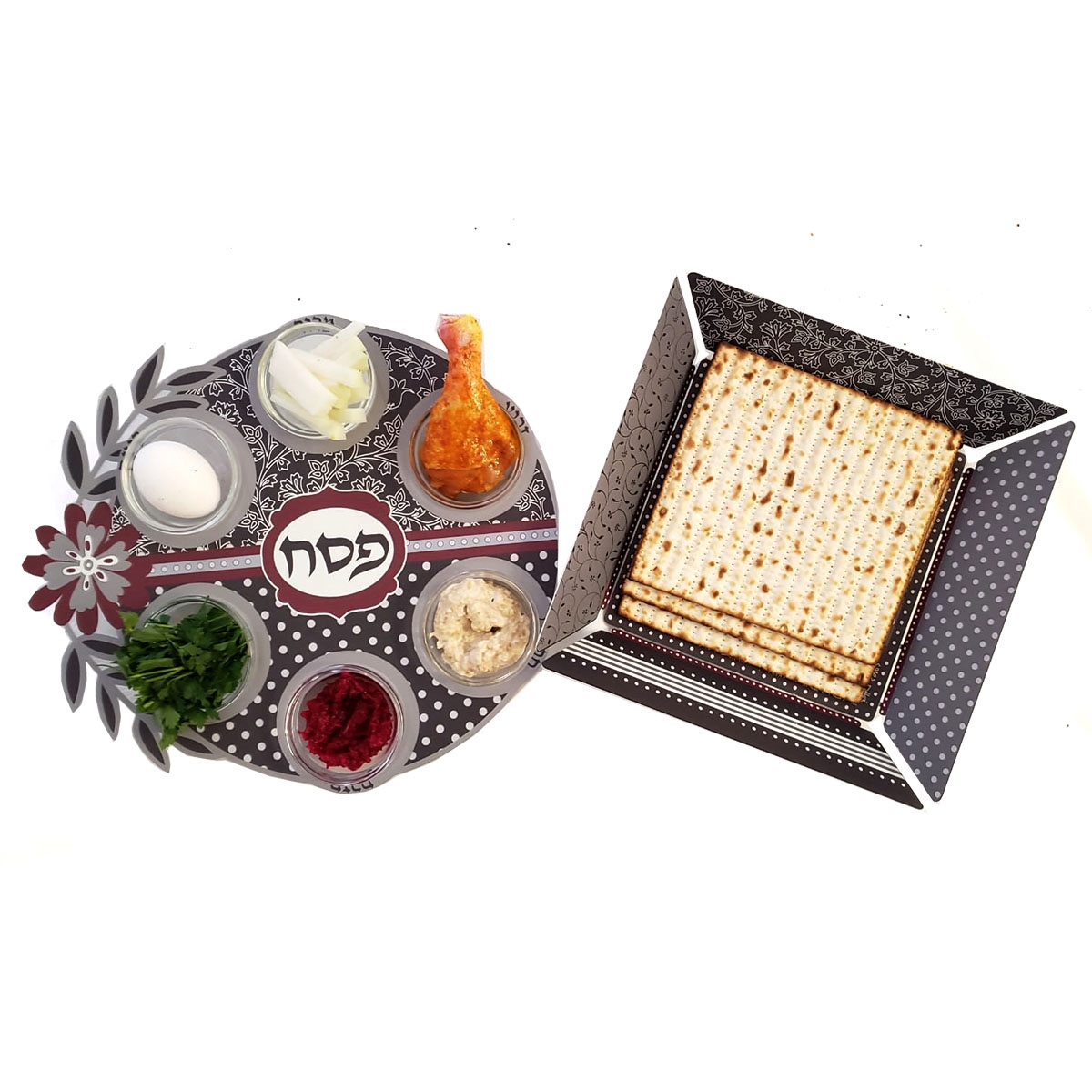 Metal Seder Plate and Matzah Tray Set By Dorit Judaica – Floral and Polka Dots Design - 1