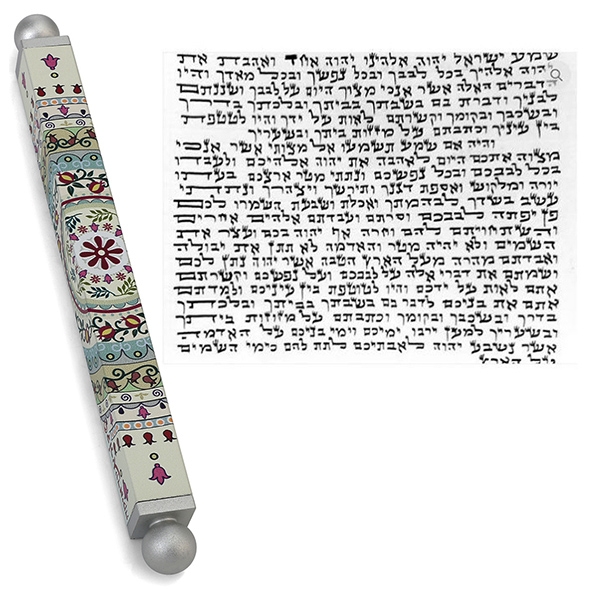 Dorit Judaica Floral Mandala with Pomegranates Slim Mezuzah Case with Mezuzah Scroll - 1