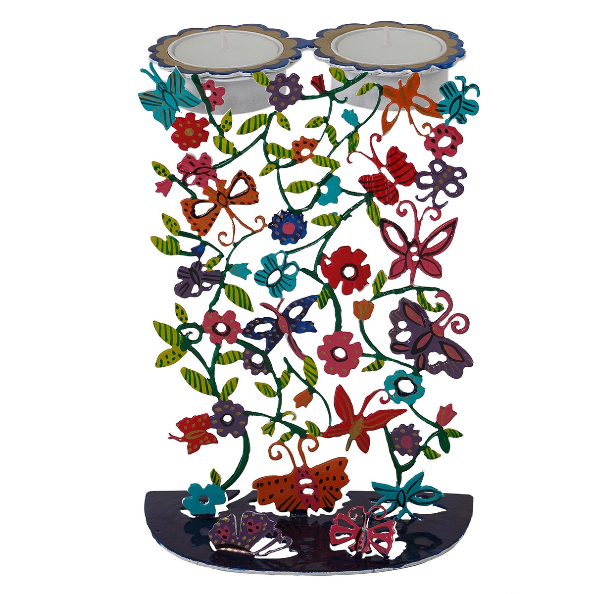 Yair Emanuel Hand Painted Shabbat Candlesticks – Butterflies and Flowers  - 1