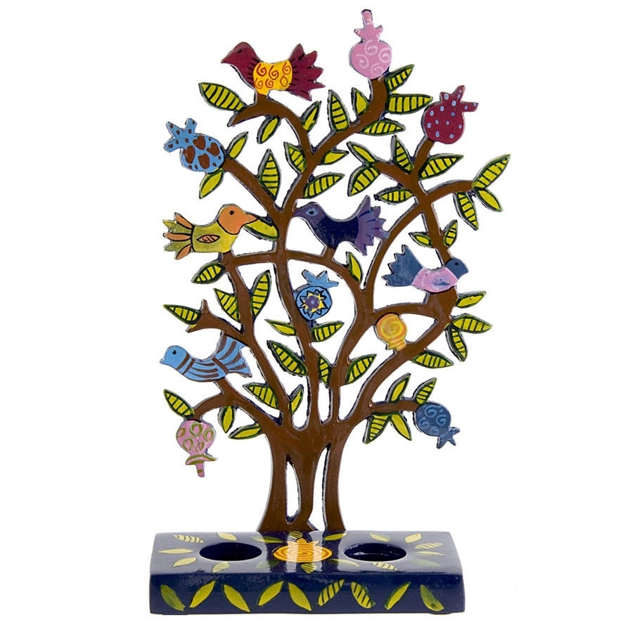 Yair Emanuel Painted Metal Candle Holder  - Pomegranate Tree  - 1