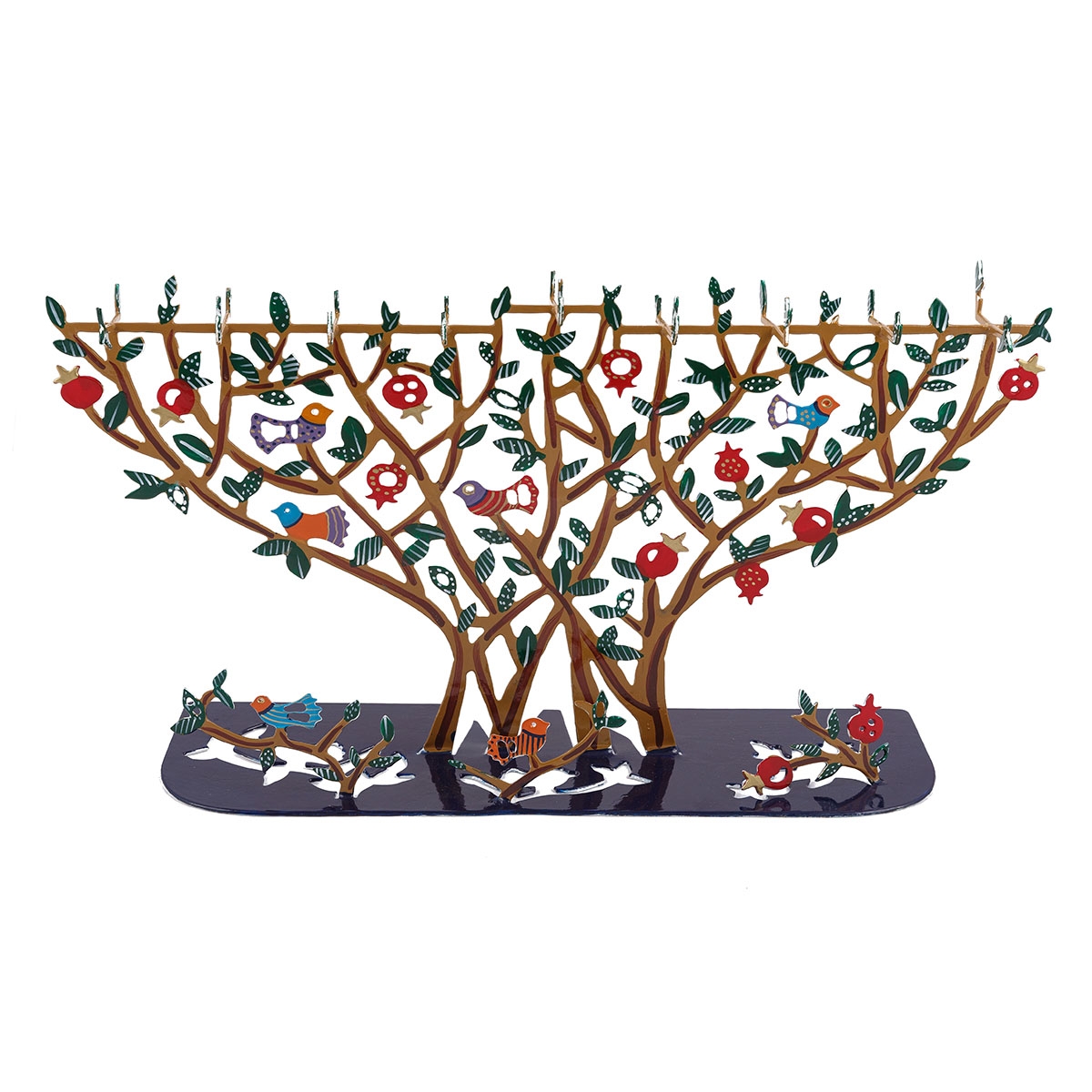 Yair Emanuel Laser-Cut Hand-Painted Hanukkah Menorah – Tree with Birds and Pomegranates - 1