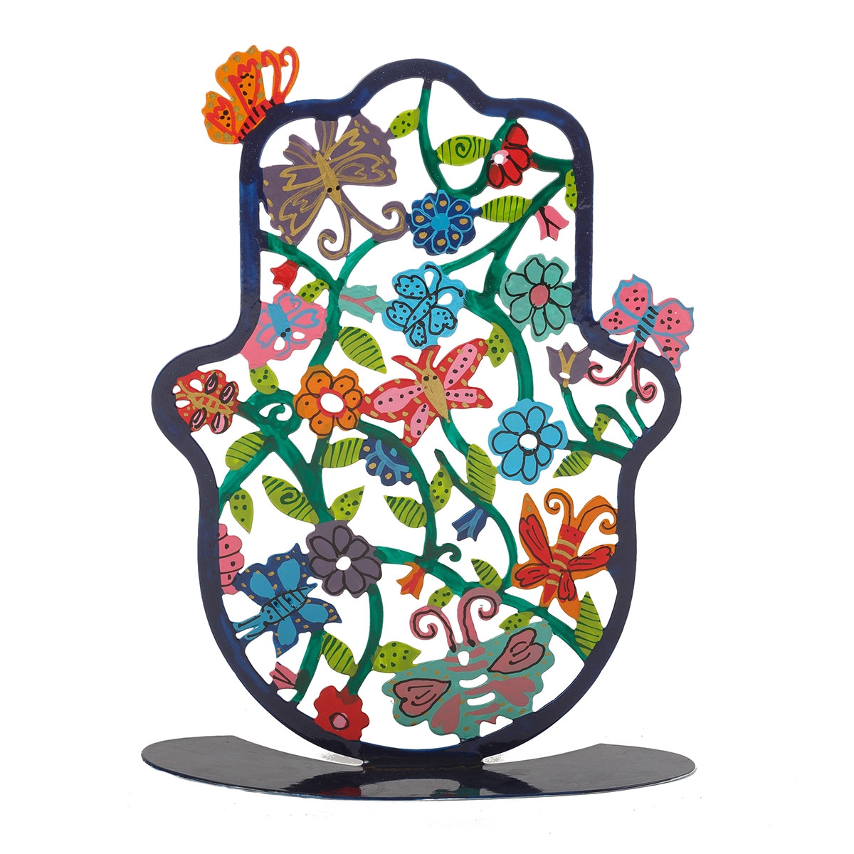 Yair Emanuel Hand Painted Standing Hamsa – Butterflies and Flowers - 1