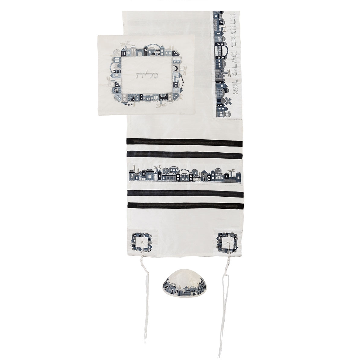 Jerusalem: Yair Emanuel Embroidered Tallit Set (Black and Gray) - 1