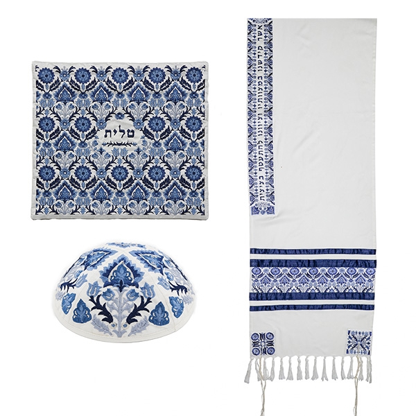 Yair Emanuel Fully Embroidered Cotton Blue Floral Tallit (Prayer Shawl Set) - 1