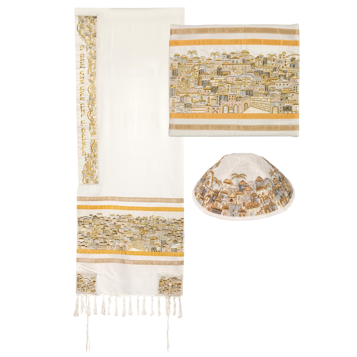 Yair Emanuel Fully Embroidered Cotton White & Gold Jerusalem Tallit (Prayer Shawl) Set  - 1