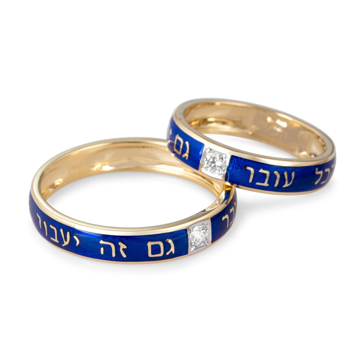 Diamond-Accented 14K Yellow Gold and Blue Enamel "This Too Shall Pass" Ring (Hebrew) – For Women and Men - 1