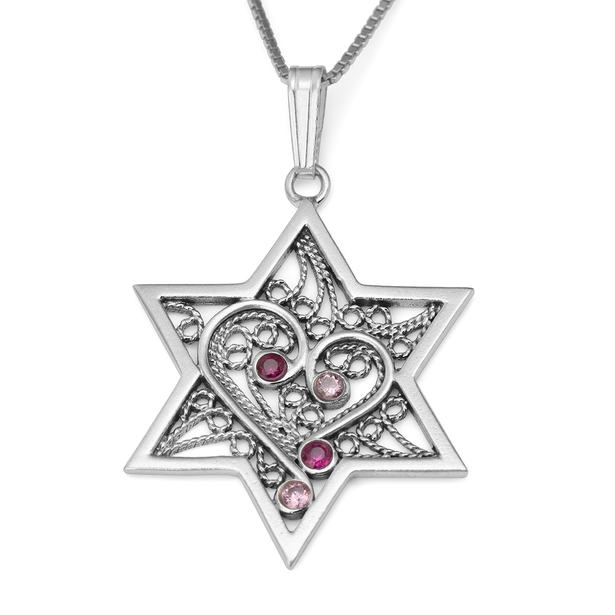 Gem-Studded Handcrafted Star of David Necklace With Filigree Heart Design - 1