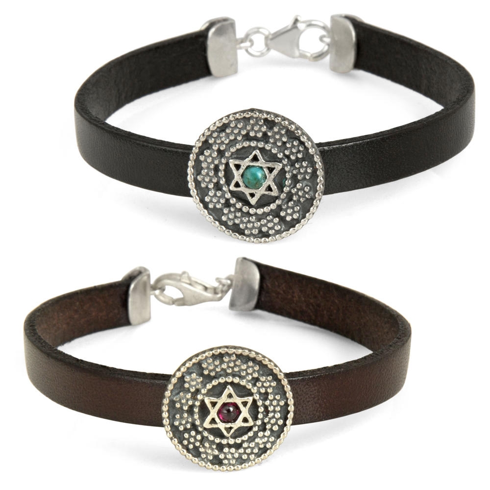 Sterling Silver and Leather Unisex Star of David Flower Bracelet with Gemstone (2 Color Options) - 1