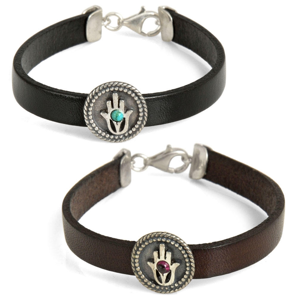 Sterling Silver and Leather Unisex Hamsa Bracelet with Gemstone (2 Color Options) - 1