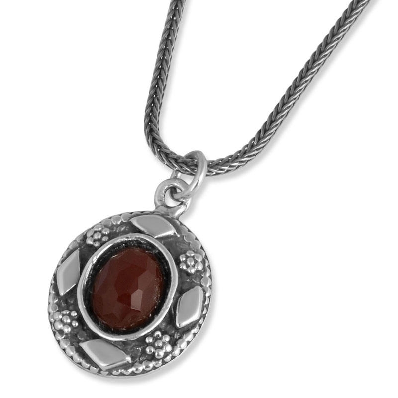 Sterling Silver Oval Pendant with Priestly Blessing and Large Garnet Stone - 1