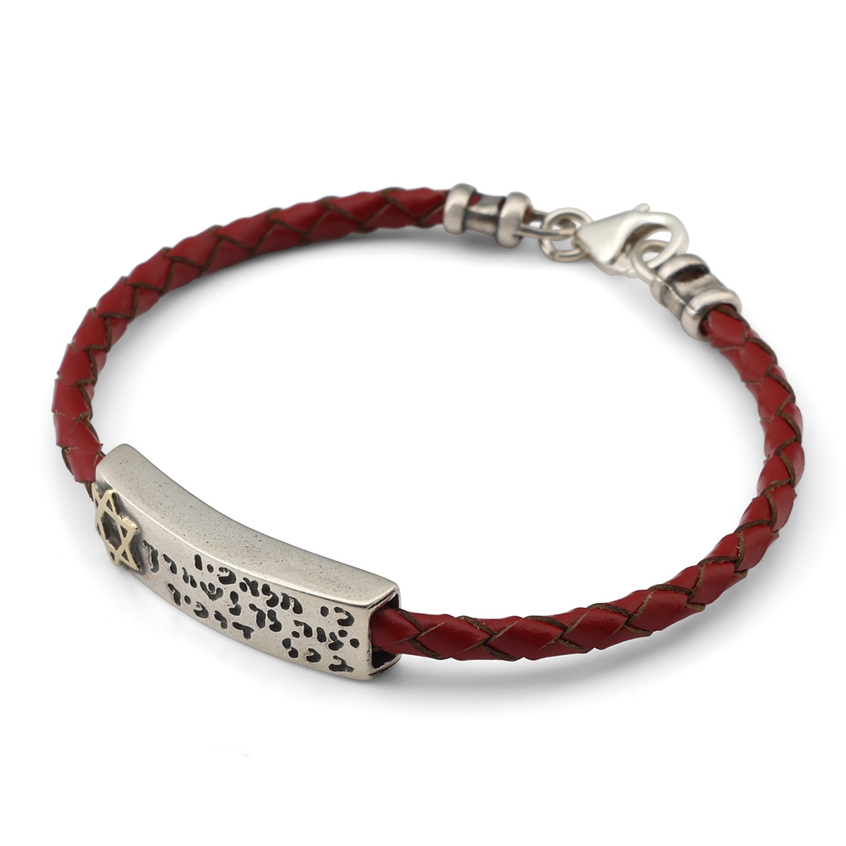 Engraved Traveler's Prayer on Red Braided Leather Band, Gold and Silver ...