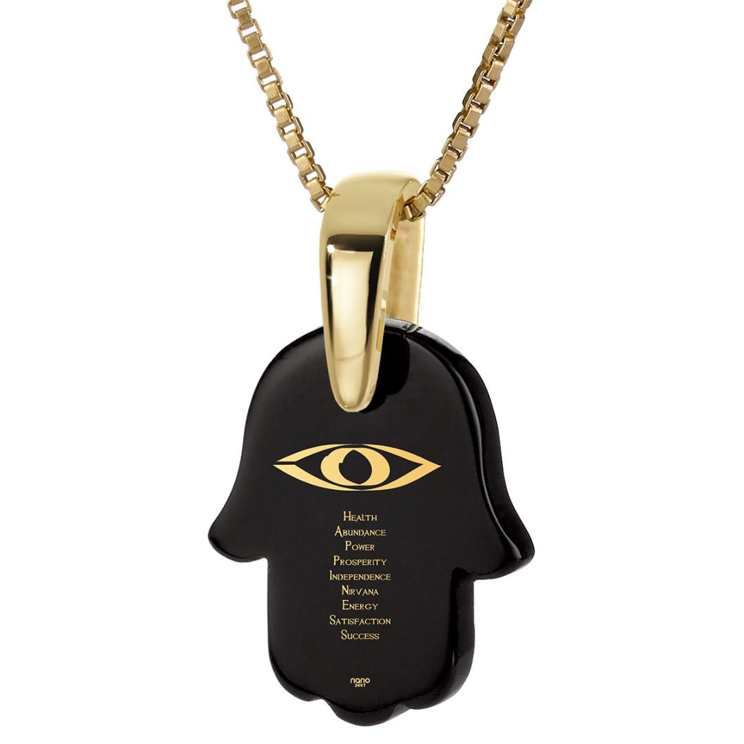 14K Gold & Onyx Stone Evil Eye & Positivity Hamsa Necklace  - 1