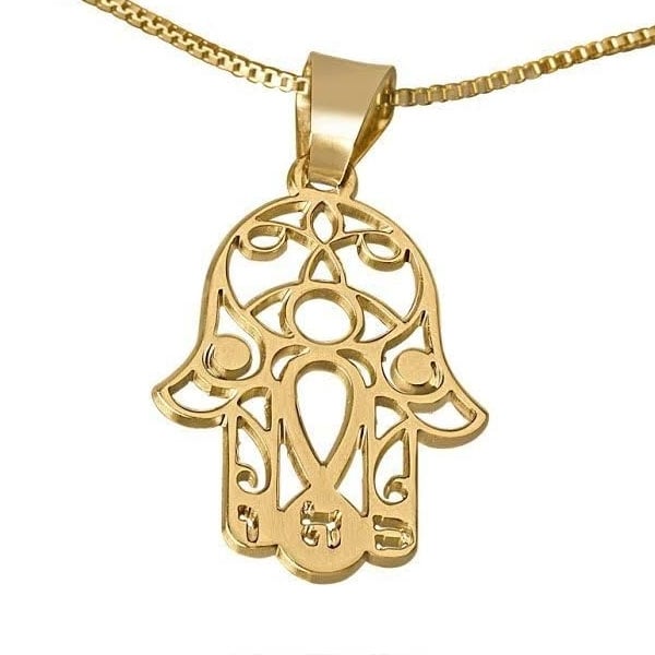 24K Gold Plated Hamsa Necklace with Evil Eye and Hebrew Initials - 1
