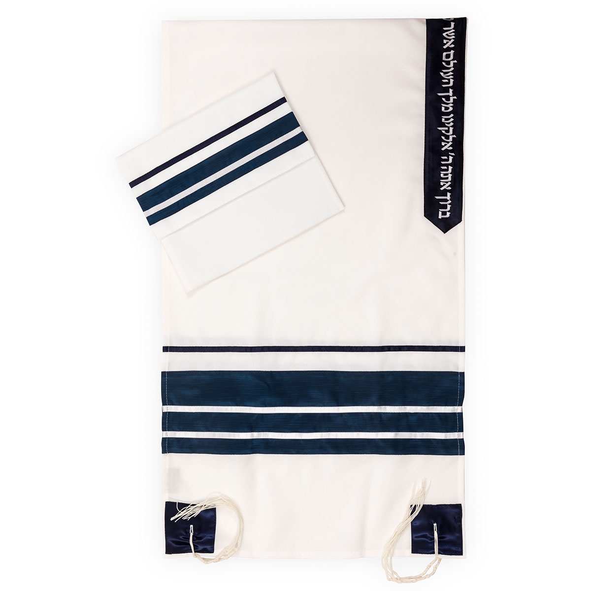 Ronit Gur Navy Blue Striped Tallit with Blessing Set with Kippah and Bag  - 1