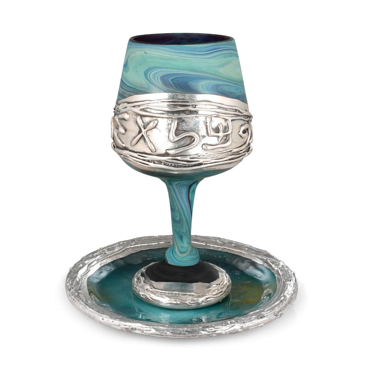 Deluxe Handmade Ceramic and Sterling Silver-Plated Kiddush Cup With Ancient Hebrew Design - 3