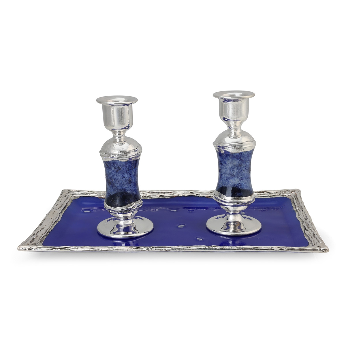 Handmade Dark Blue Glass and Sterling Silver-Plated Shabbat Candlesticks - 1