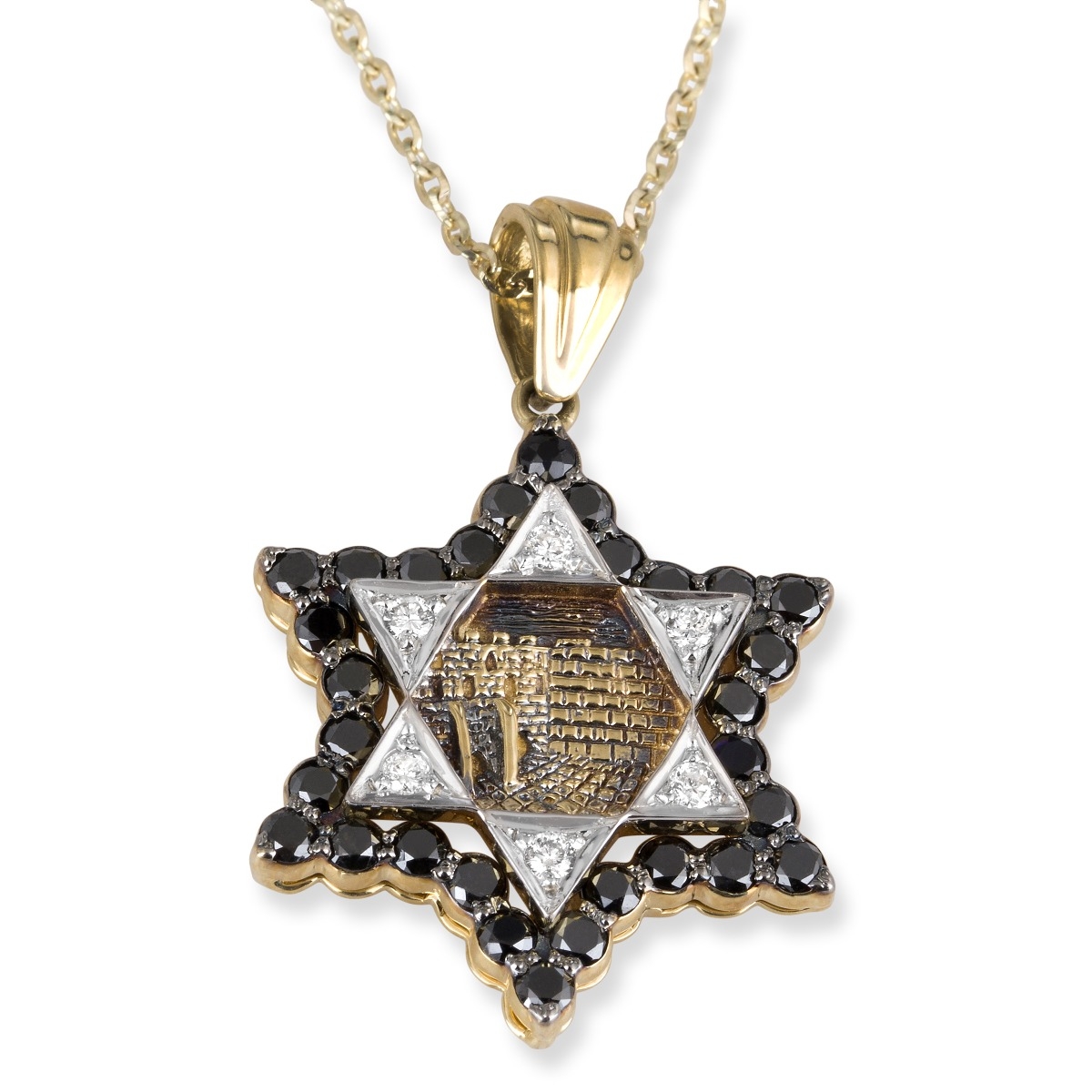 14K Gold Jerusalem Star of David Pendant With 36 Black & White Diamonds - 1