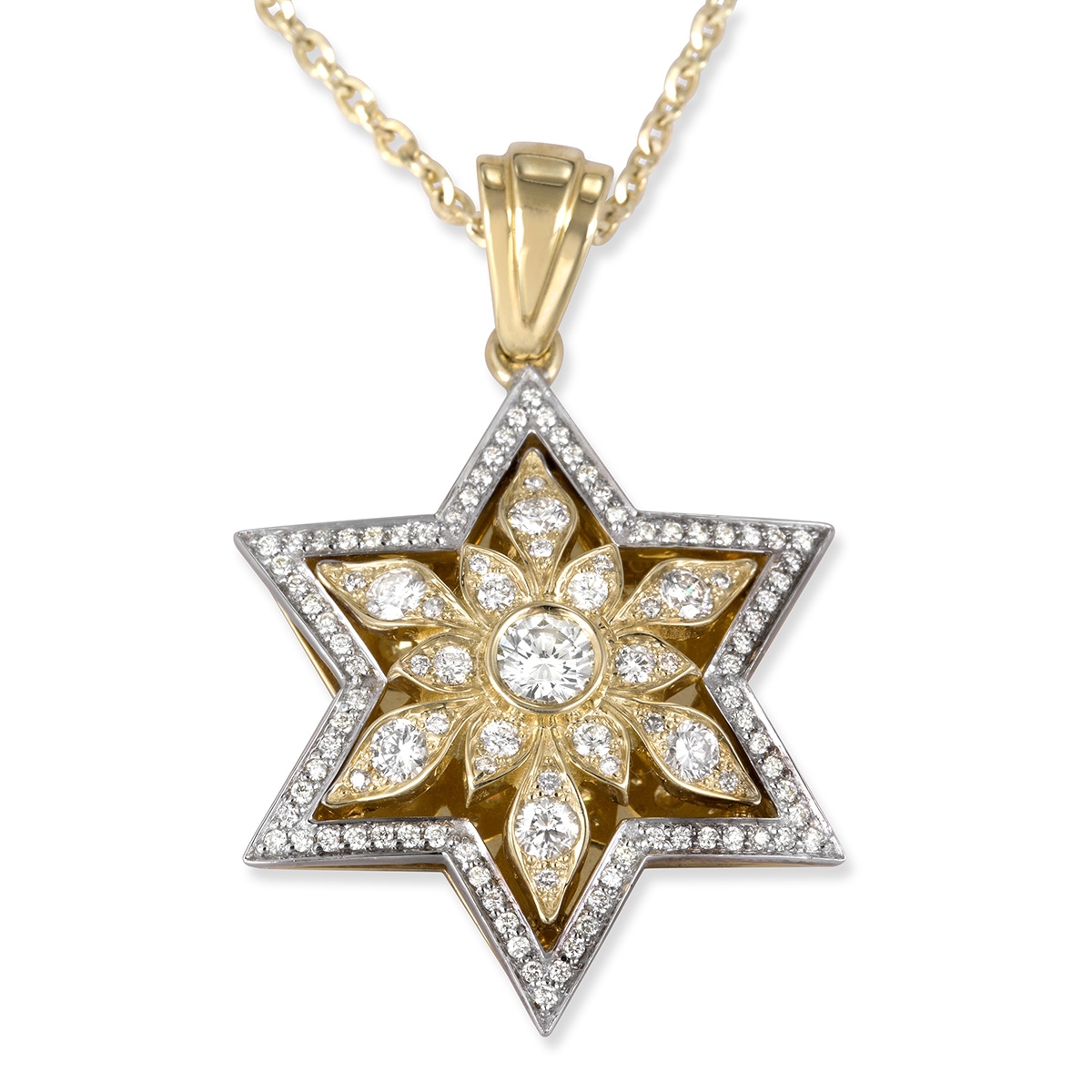 14K Gold Floral Star of David Pendant With 109 Diamonds - 1