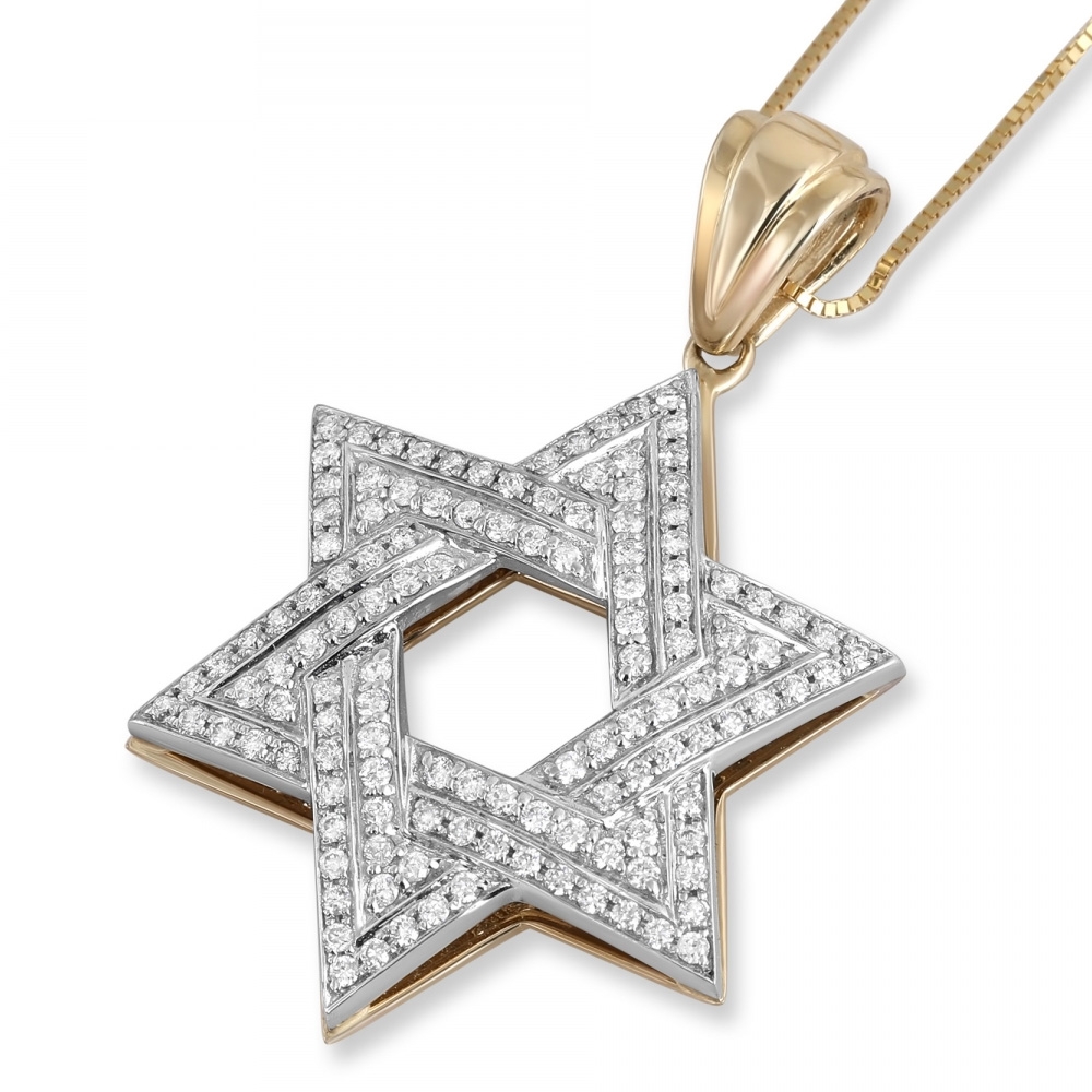 14K Gold Star of David Pendant with Double Diamond Rows - 1