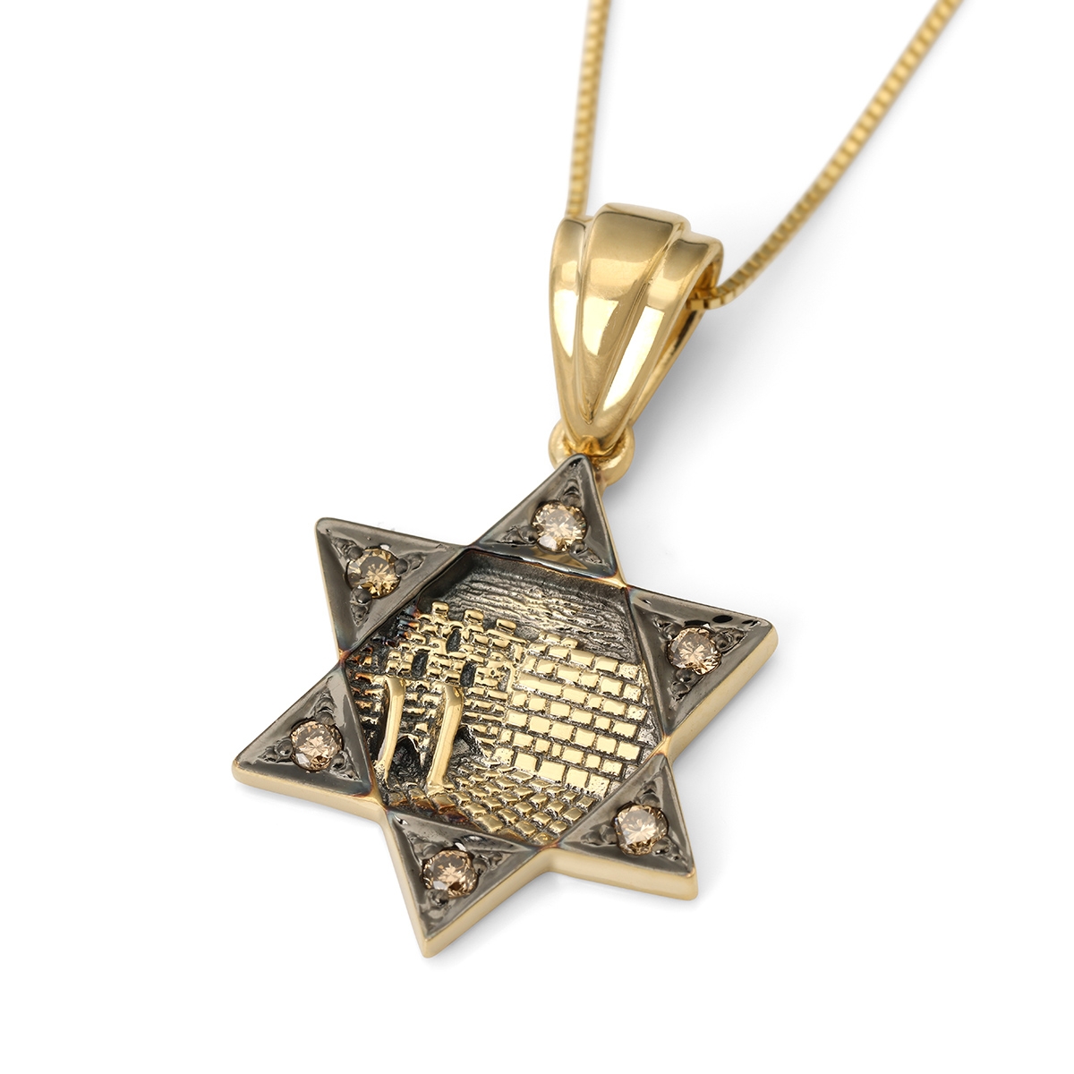 14K Yellow Gold Star of David Diamond Stud Pendant Necklace - 1