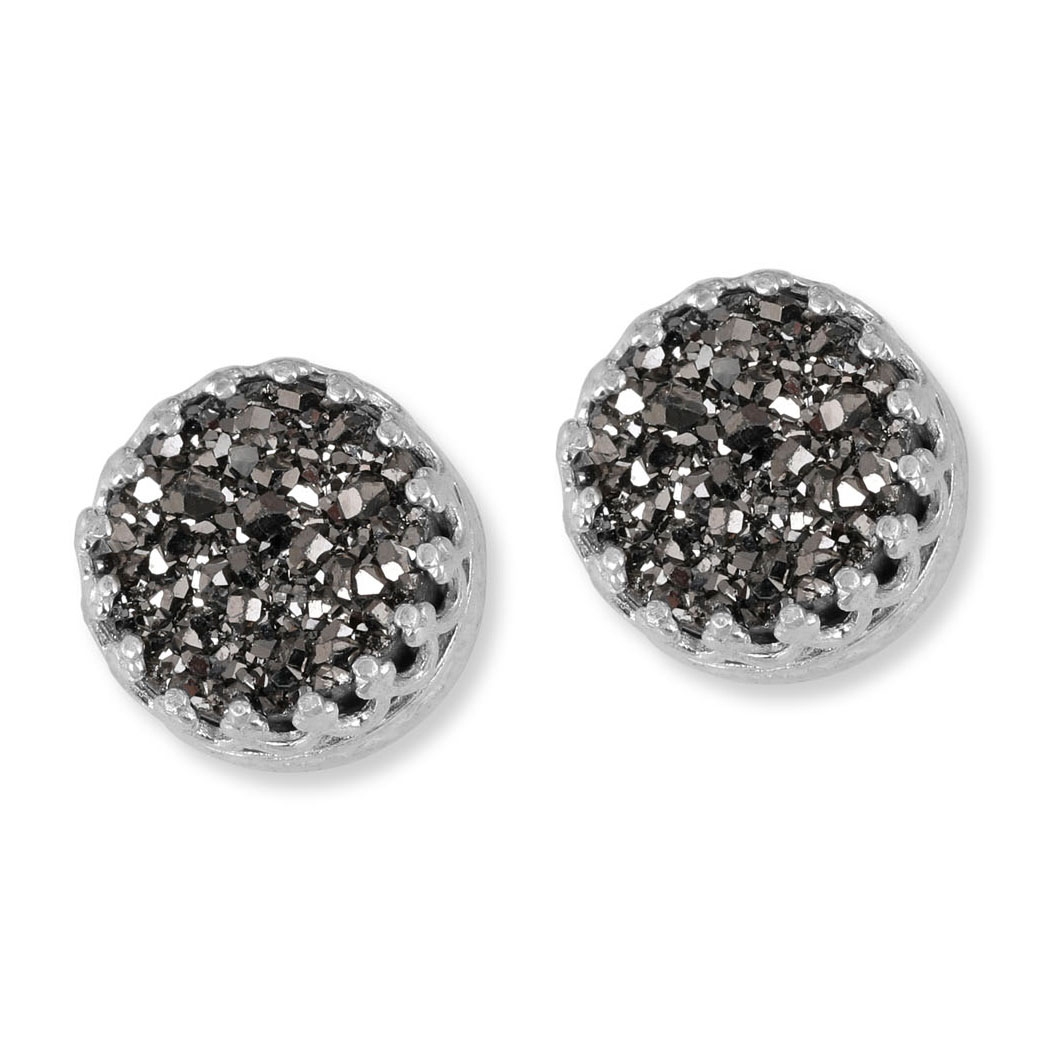 Moriah Jewelry Platinum Druzy Quartz Round Sterling Silver Stud Earrings - 1