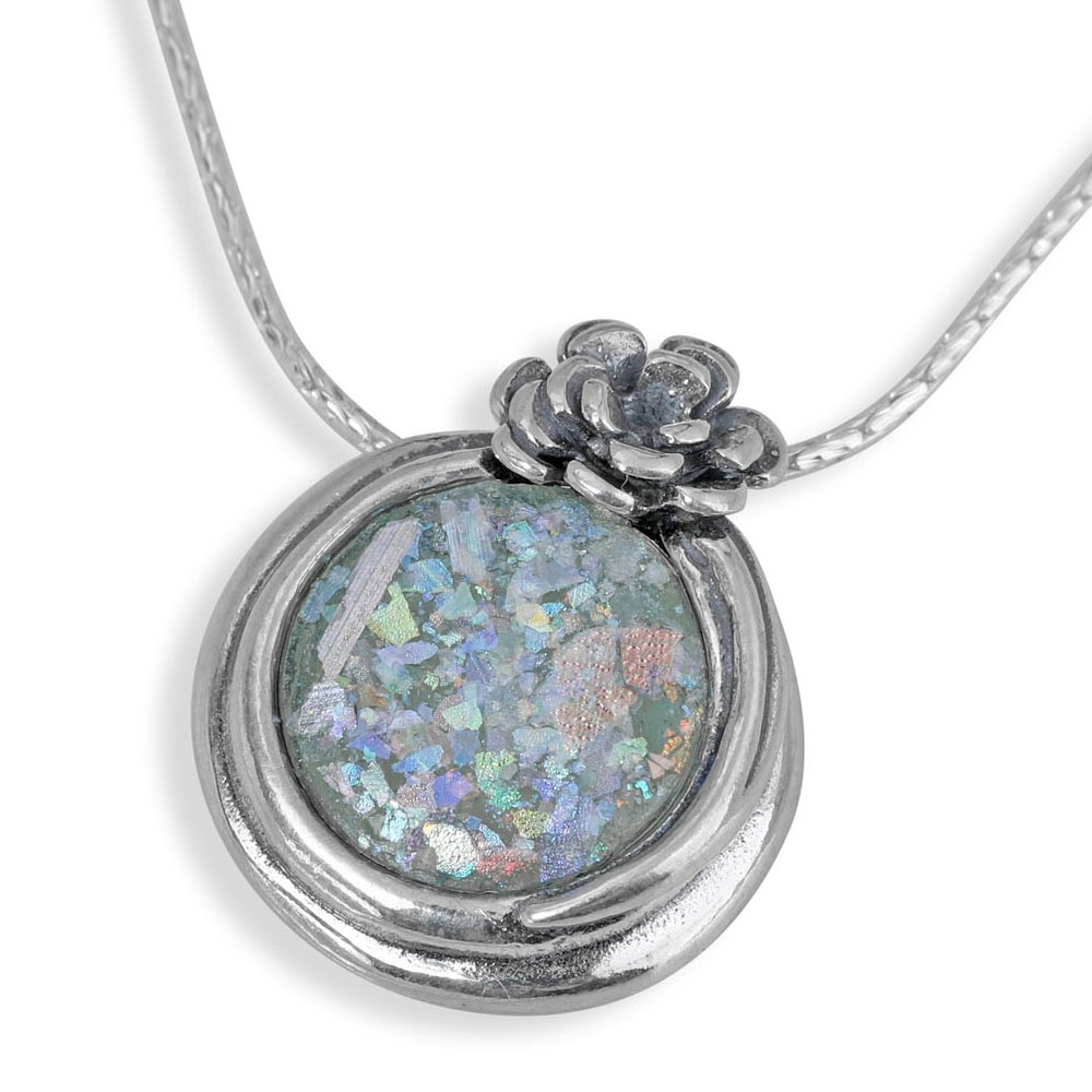 Moriah Jewelry Round with Flower 925 Sterling Silver and Roman Glass Necklace  - 1