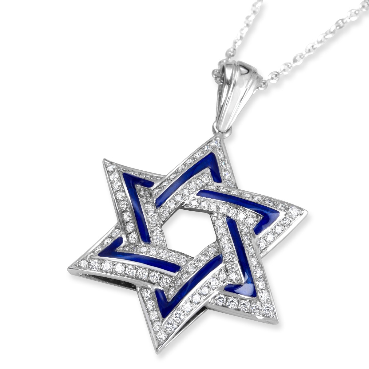 14K White Gold and Blue Enamel Star of David Pendant With 114 Diamonds - 1