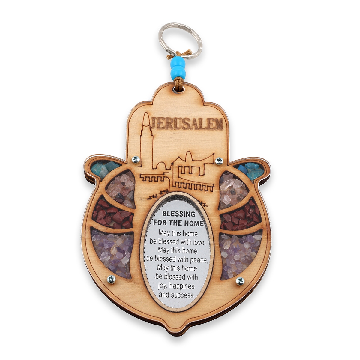 Wooden Jerusalem Hamsa English Home Blessing Wall Hanging with Gemstones from Israel - 1