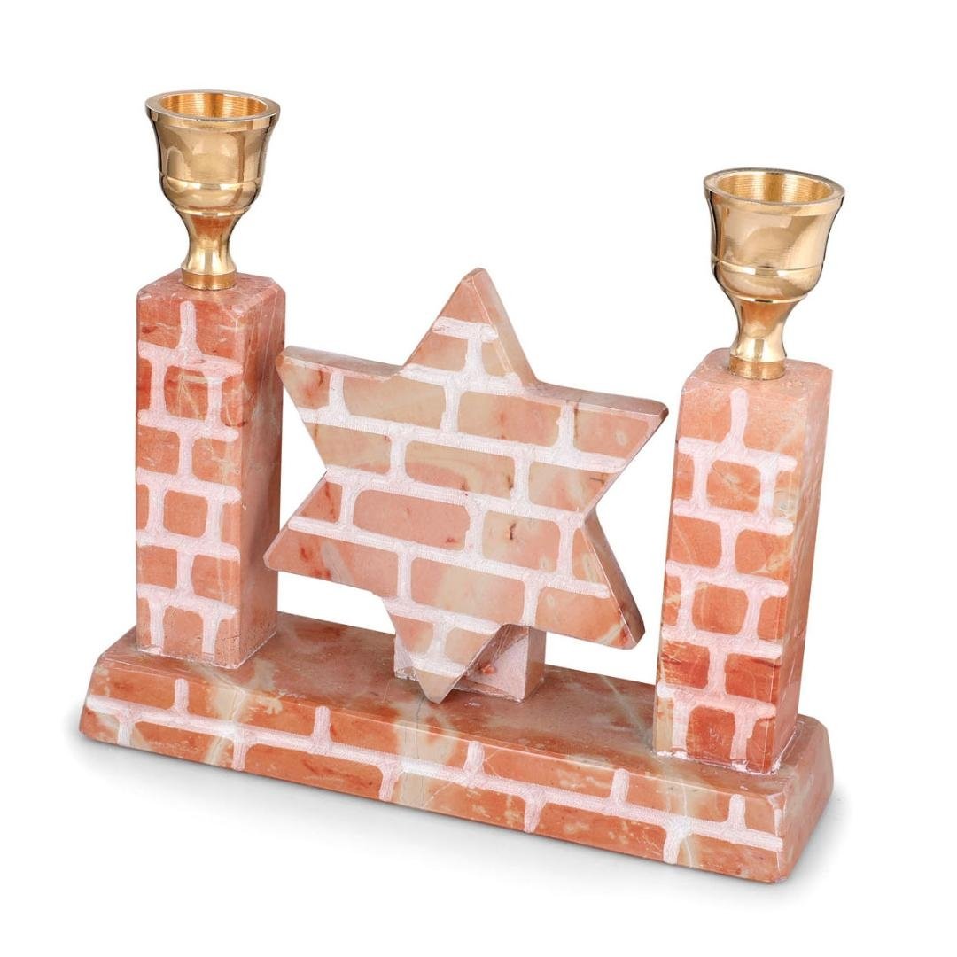 Red Jerusalem Stone Star of David Candlesticks - 1