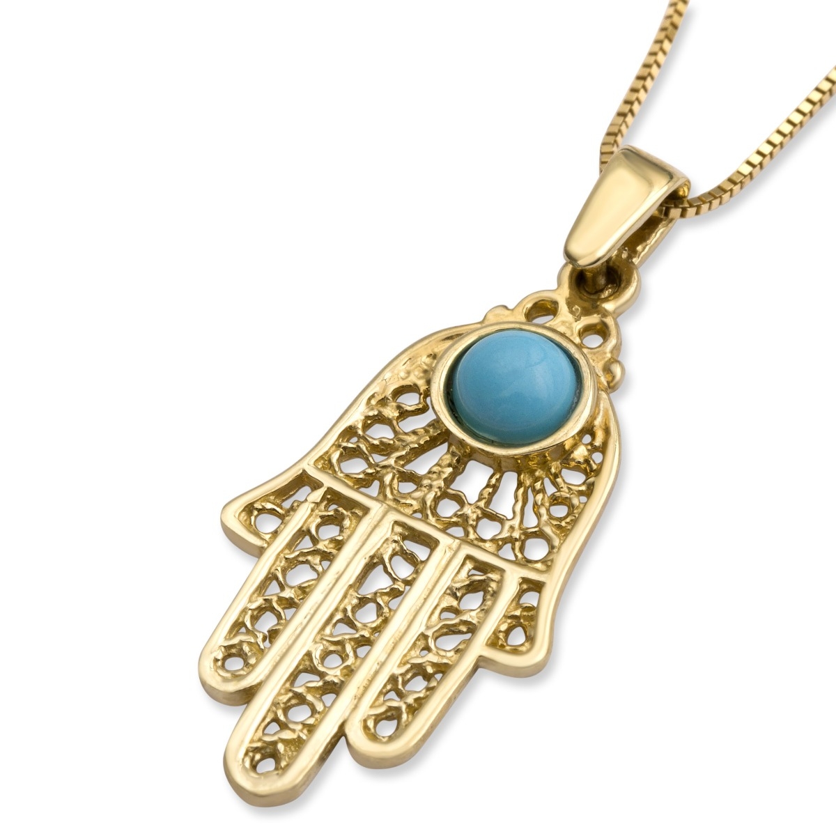 Large 14K Yellow Gold Filigree Hamsa Pendant Necklace With Turquoise Stone - 1