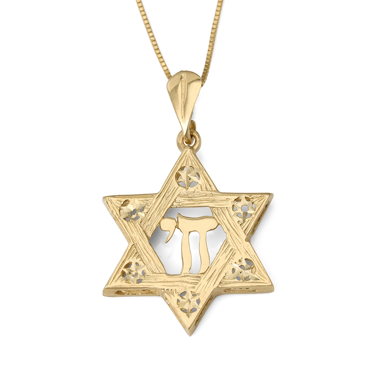 14K Gold Women's Large Textured Star of David and Chai Pendant with Stars - 1