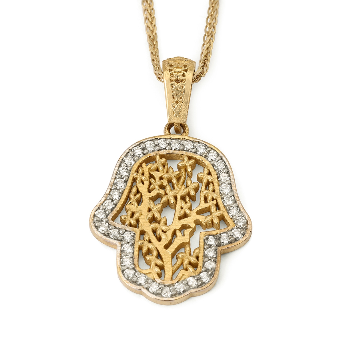 14K Gold Hamsa with Foliate Design and Lined with Diamonds - Color Option - 1