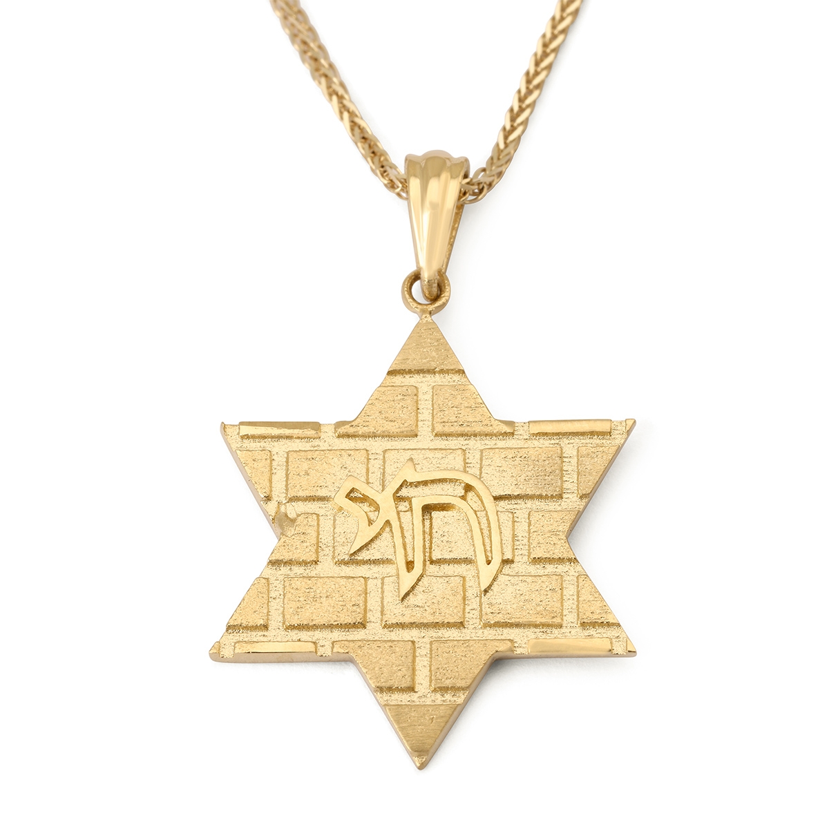 14K Gold Star of David Pendant with Western Wall Design and Chai  - 1