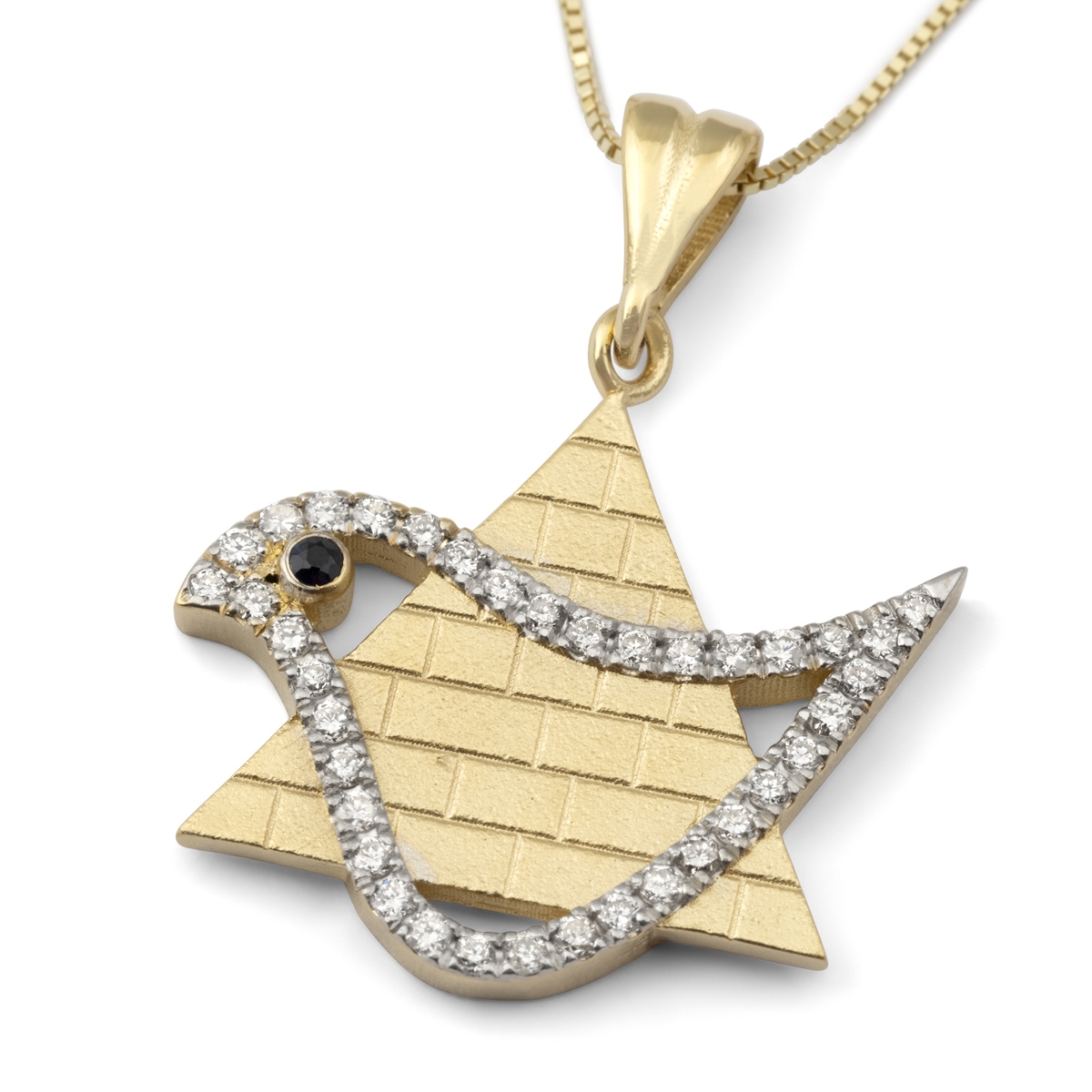 Diamond-Accented 14K Yellow Gold Star of David Pendant Necklace With Dove of Peace Design - 1