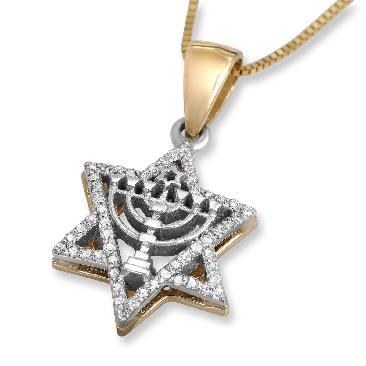 Star of David and Menorah 14K Gold Diamond Pendant  - 1