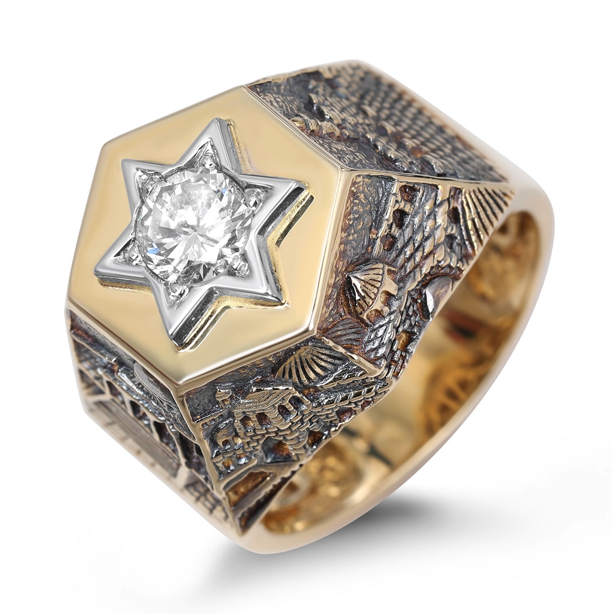 14K Yellow Gold Jerusalem & Star of David Diamond Men’s Ring - 1