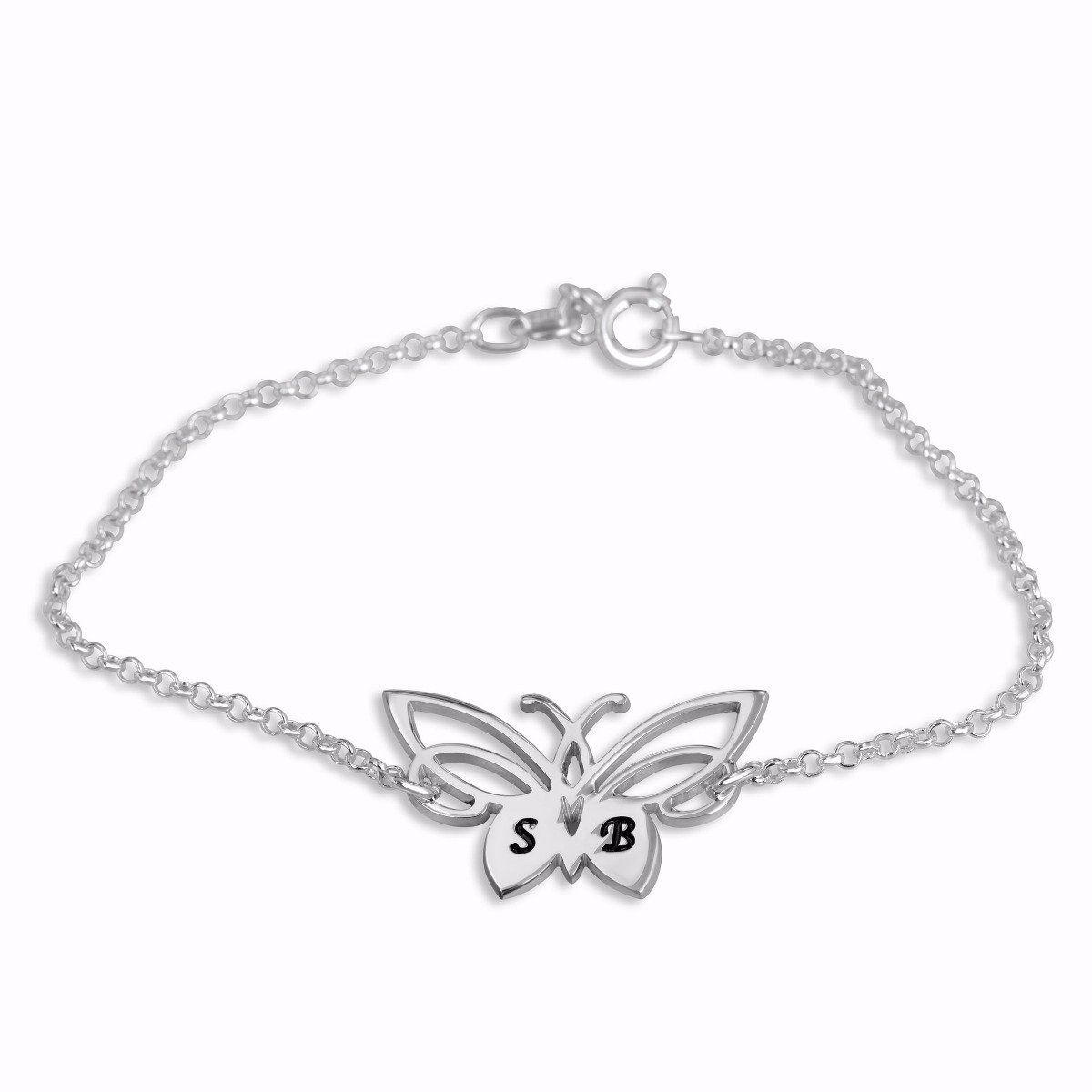 Double Thickness Silver Butterfly Initials Bracelet (English/Hebrew) - 1
