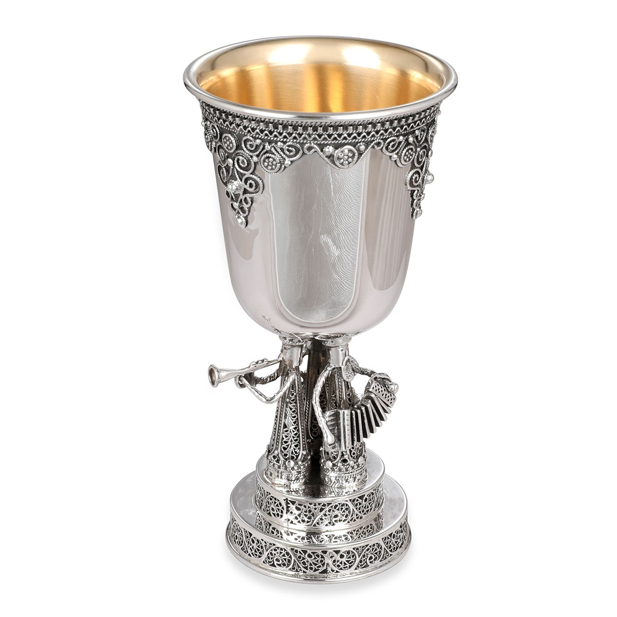 Traditional Yemenite Art Handcrafted Sterling Silver Kiddush Cup With Klezmer Figurines - 1