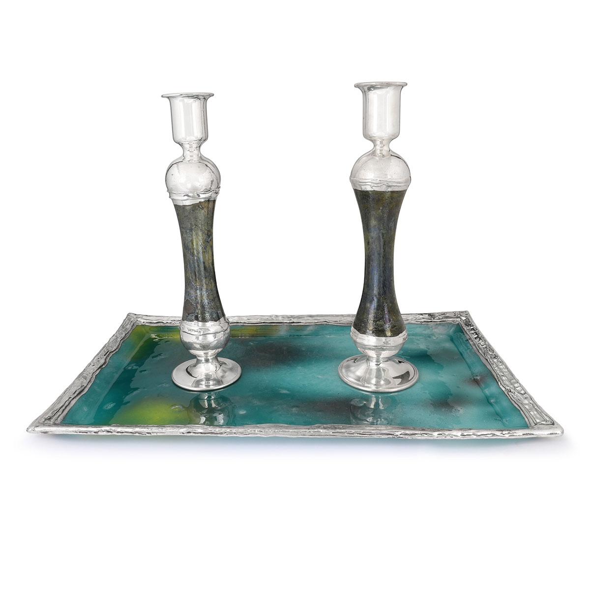Refined Large Sterling Silver-Plated Glass Shabbat Candlesticks (Shades of Green) - 1