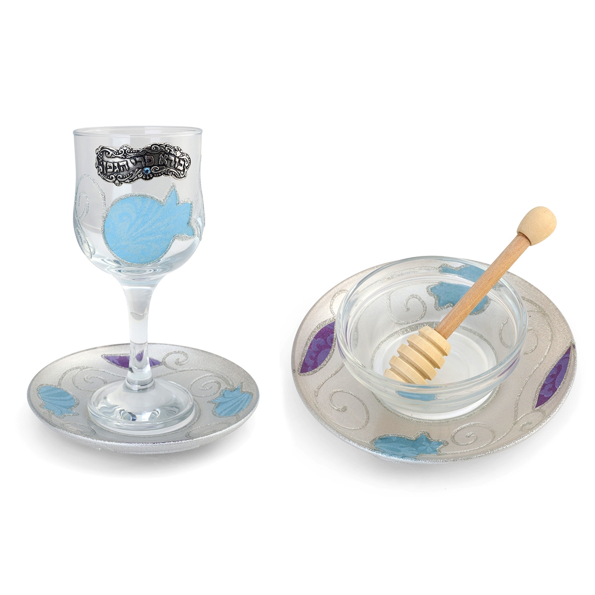 Lily Art Glass Rosh Hashanah Set - Blue & Purple Pomegranate Design - 1