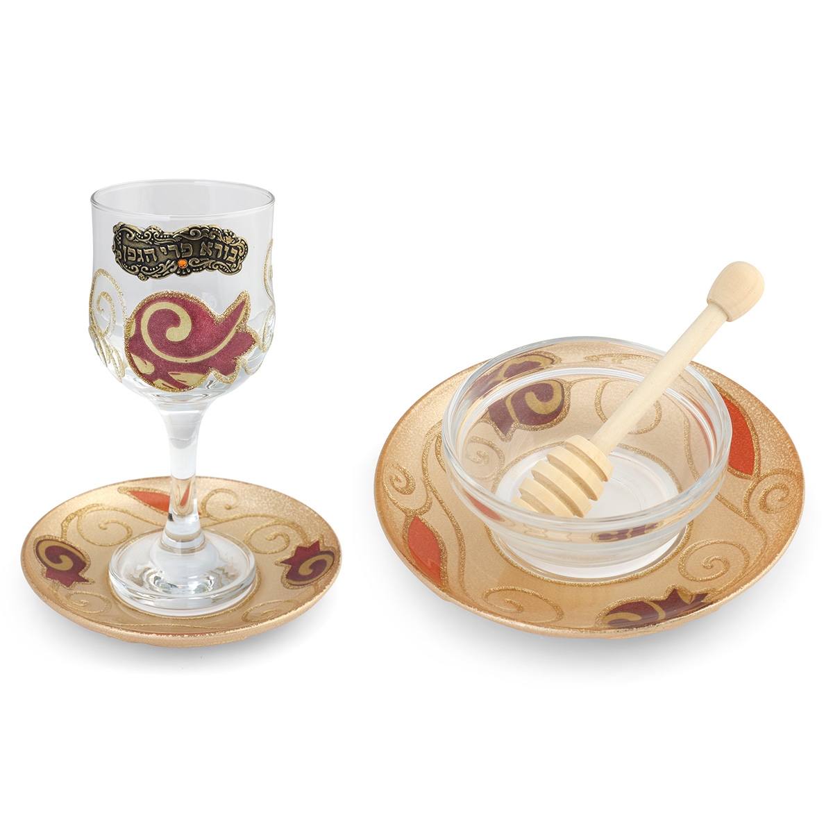 Lily Art Glass Rosh Hashanah Set - Gold Swirl Pomegranate Design - 1