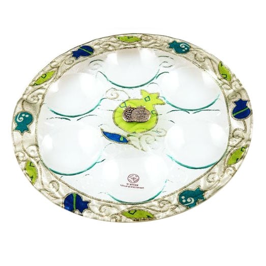 Lily Art Rosh Hashanah Glass Plate with Gold Pomegranate Border - Green - 1