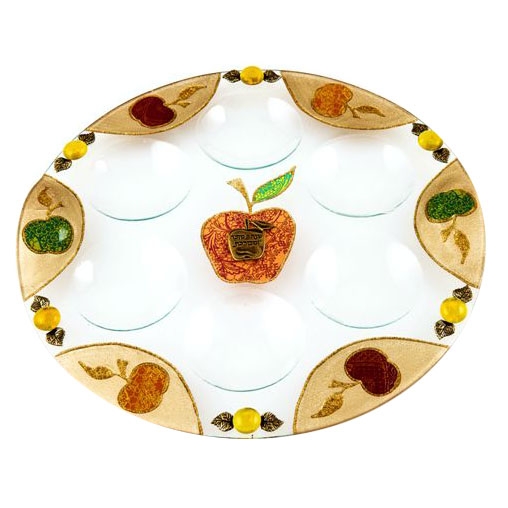 Lily Art Rosh Hashanah Glass Plate with Marbles and Apple Border - Gold - 1