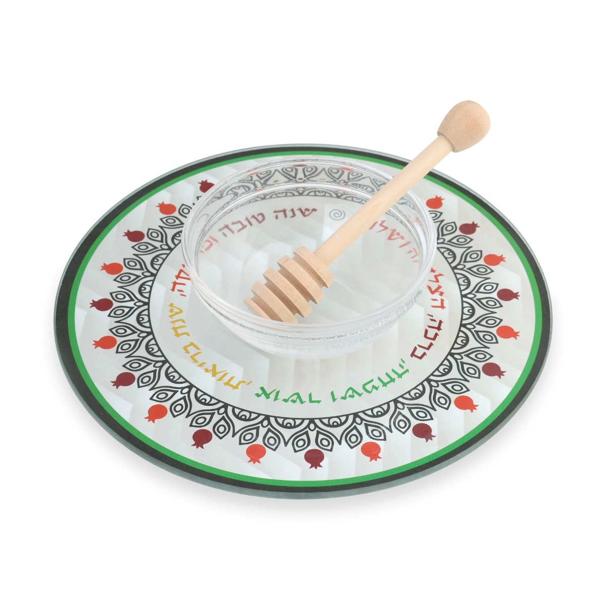 Lily Art Glass Rosh Hashanah Honey Dish & Wooden Honey Spoon - Leafy Pomegranate Design - 1